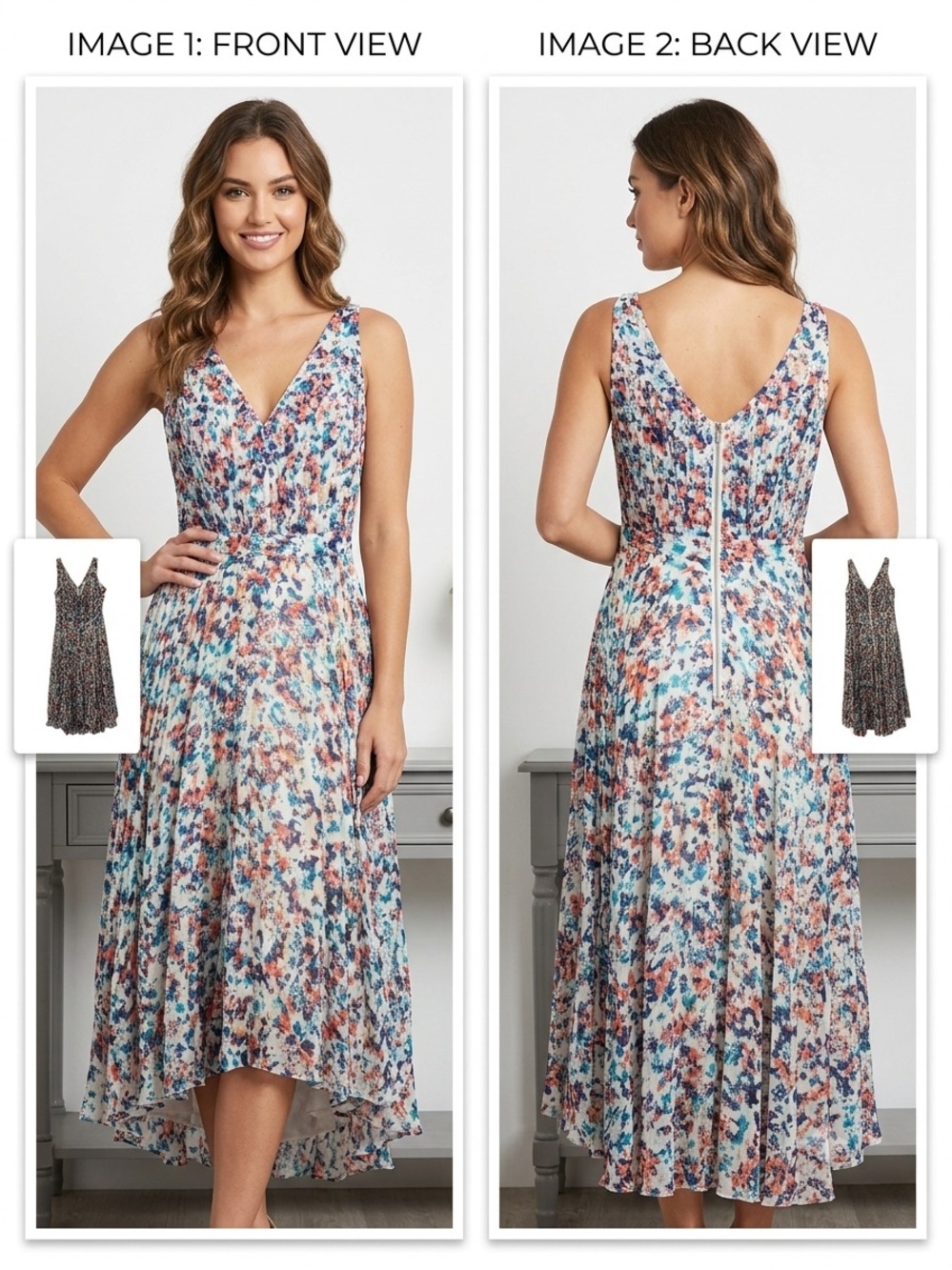 Anthropologie Floral V-Neck High-Low Midi Dress - Blue, Pink, Orange